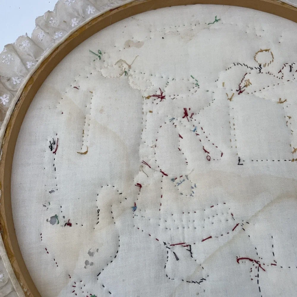 Vintage 1990s Round Country Farm Girl Wall Hanging Grannycore Lace Trim Framed